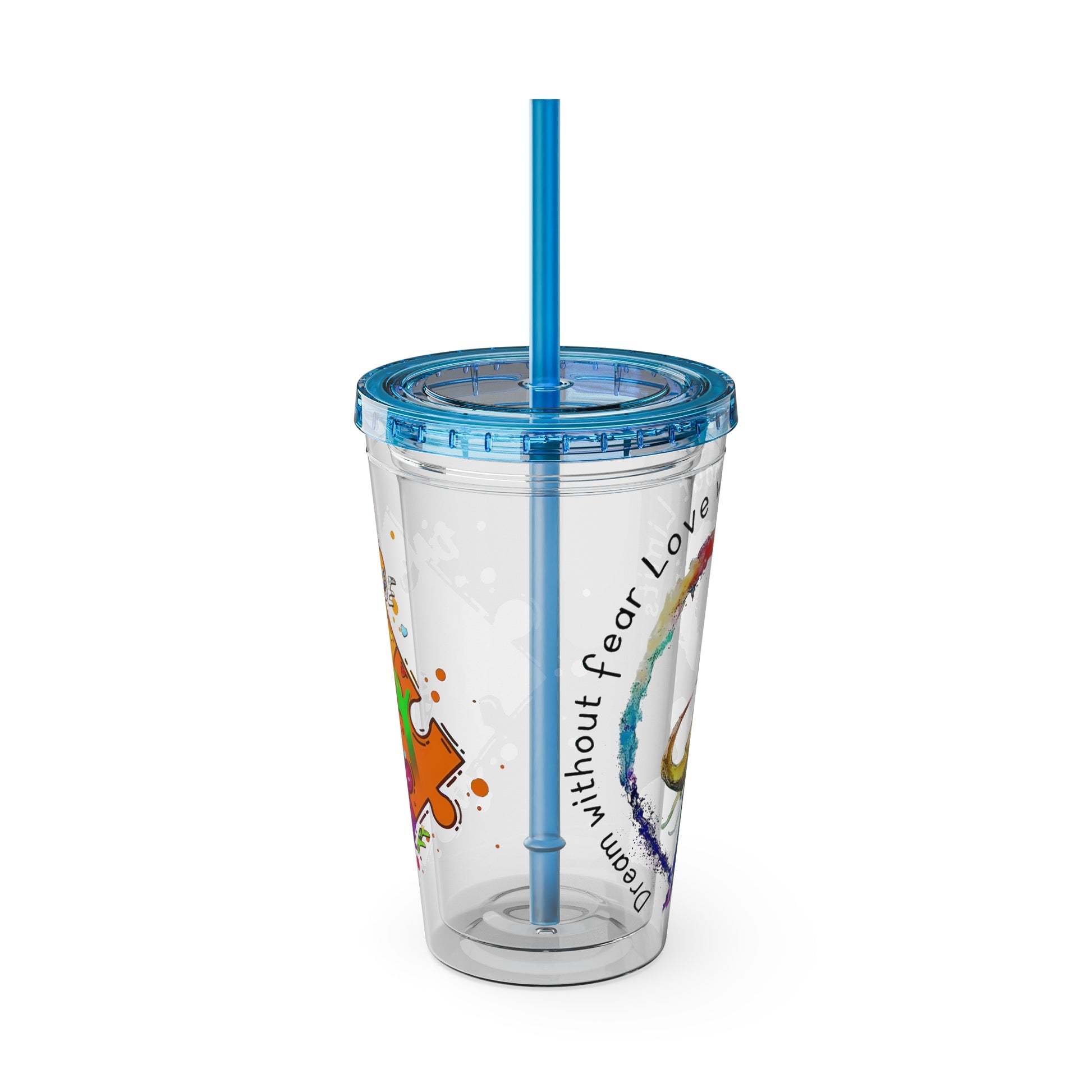 16oz Printify Sunsplash Tumbler with straw featuring watercolor elephant and paint-splatter puzzle designs.