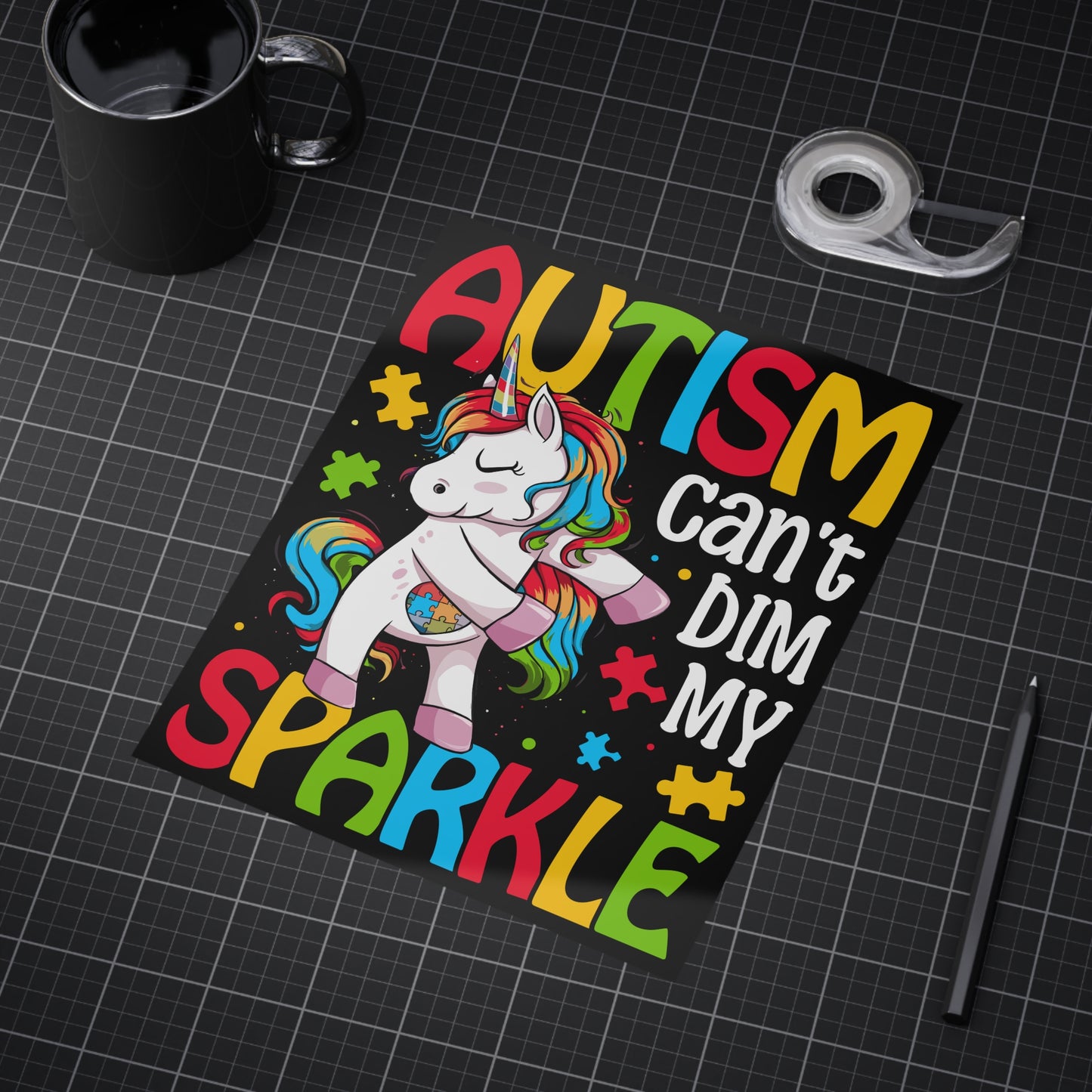 Printify autism-themed paper product with "Autism Can't Dim My Sparkle" print showcasing colorful, empowering design.