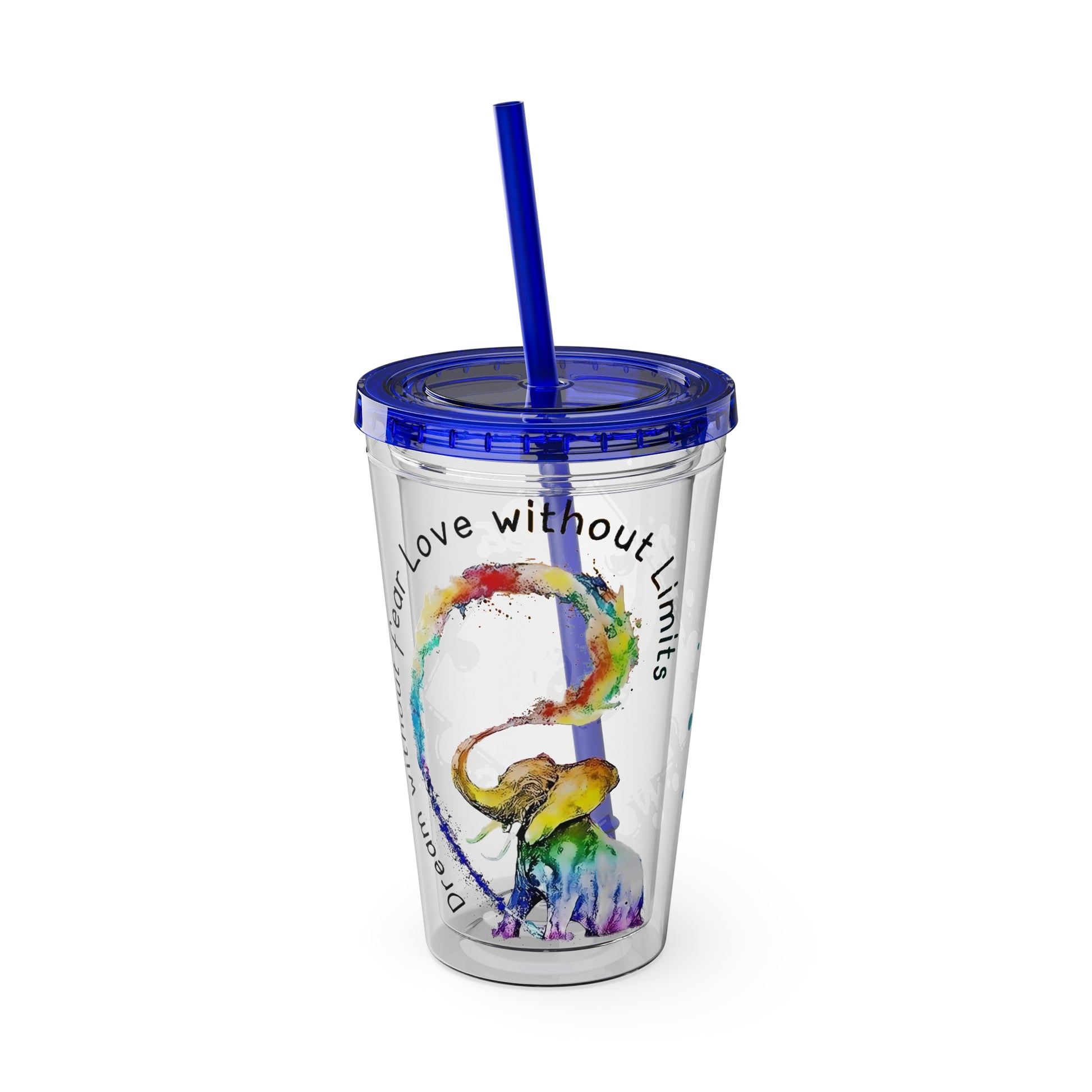 16oz Sunsplash Tumbler with Straw featuring Watercolor Elephant and Paint-Splatter Puzzle design by Printify.