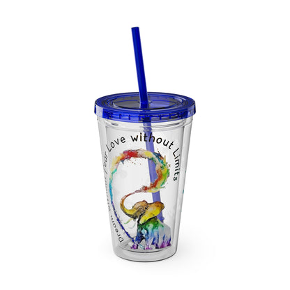 16oz Sunsplash Tumbler with Straw featuring Watercolor Elephant and Paint-Splatter Puzzle design by Printify.