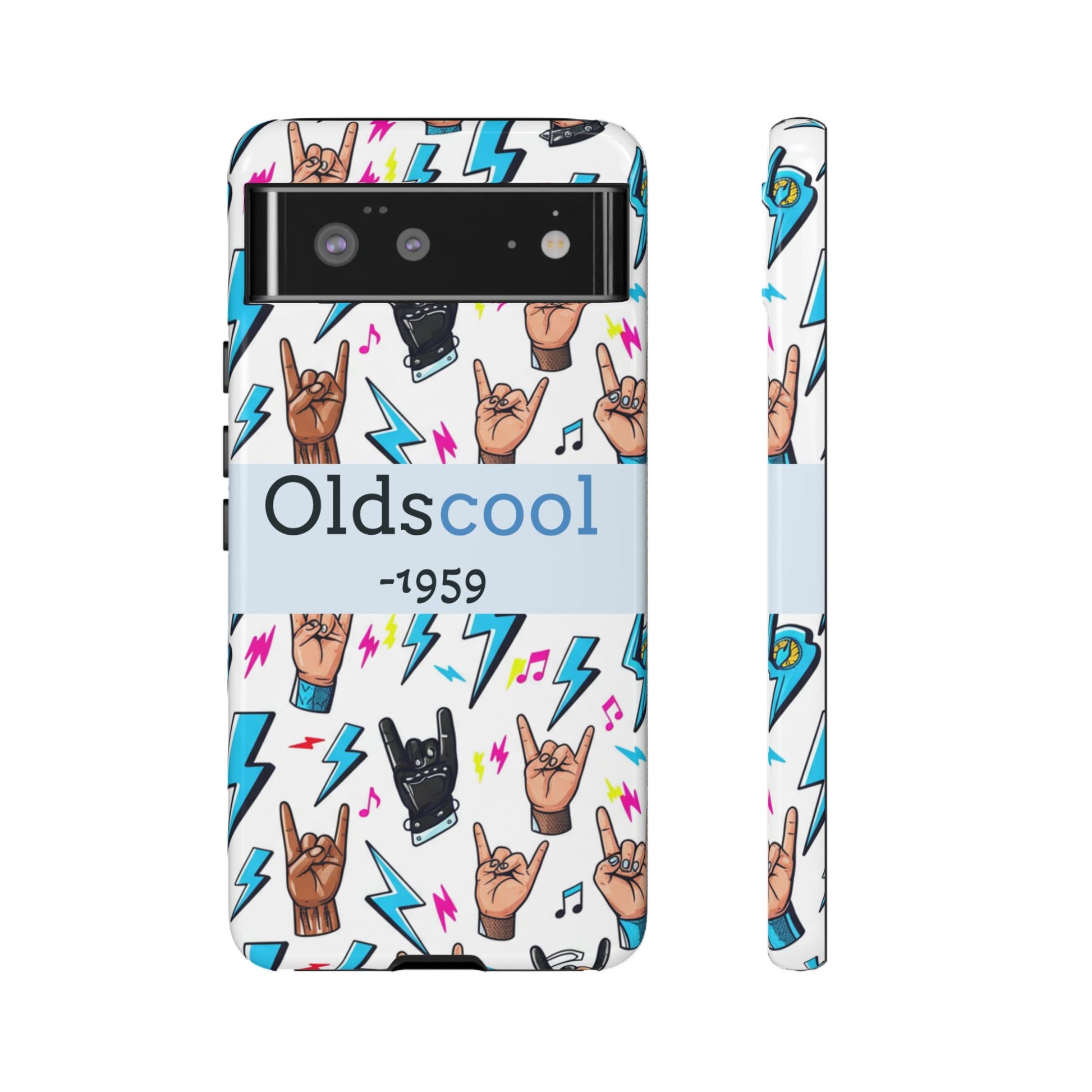 Retro Rock 'Oldscool 1959' Phone Case – Lightning & Rock Hand Pattern - Ramshackle Shack