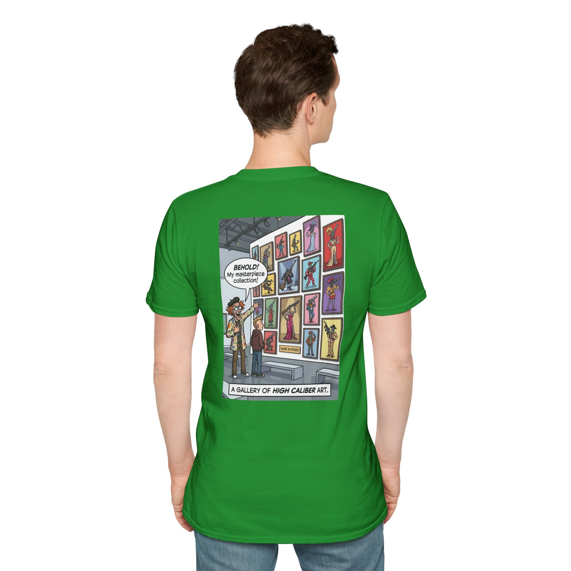 Black T-shirt featuring a graphic print of guns in various poses from the "Guns in Poses" art collection by Printify.