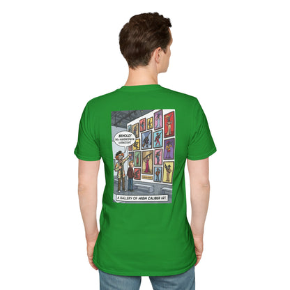 Black T-shirt featuring a graphic print of guns in various poses from the "Guns in Poses" art collection by Printify.