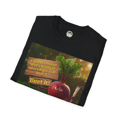 Unisex softstyle T-shirt with a humorous beetroot graphic and "Just Beet It!" slogan, by Printify, casual and fun apparel.