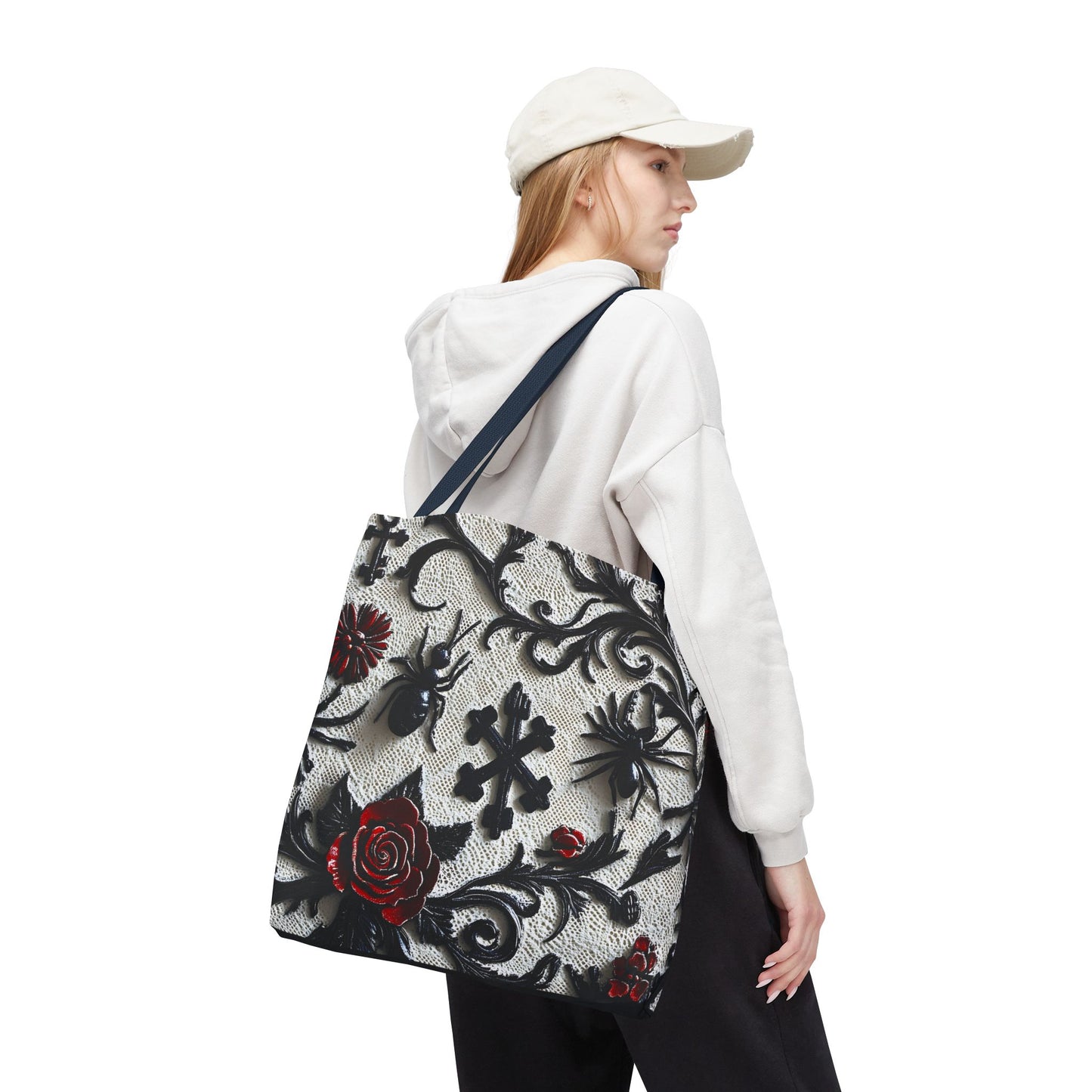 Gothic filigree tote bag with ornate dark floral all-over print, stylish bag from Printify featuring intricate design details.