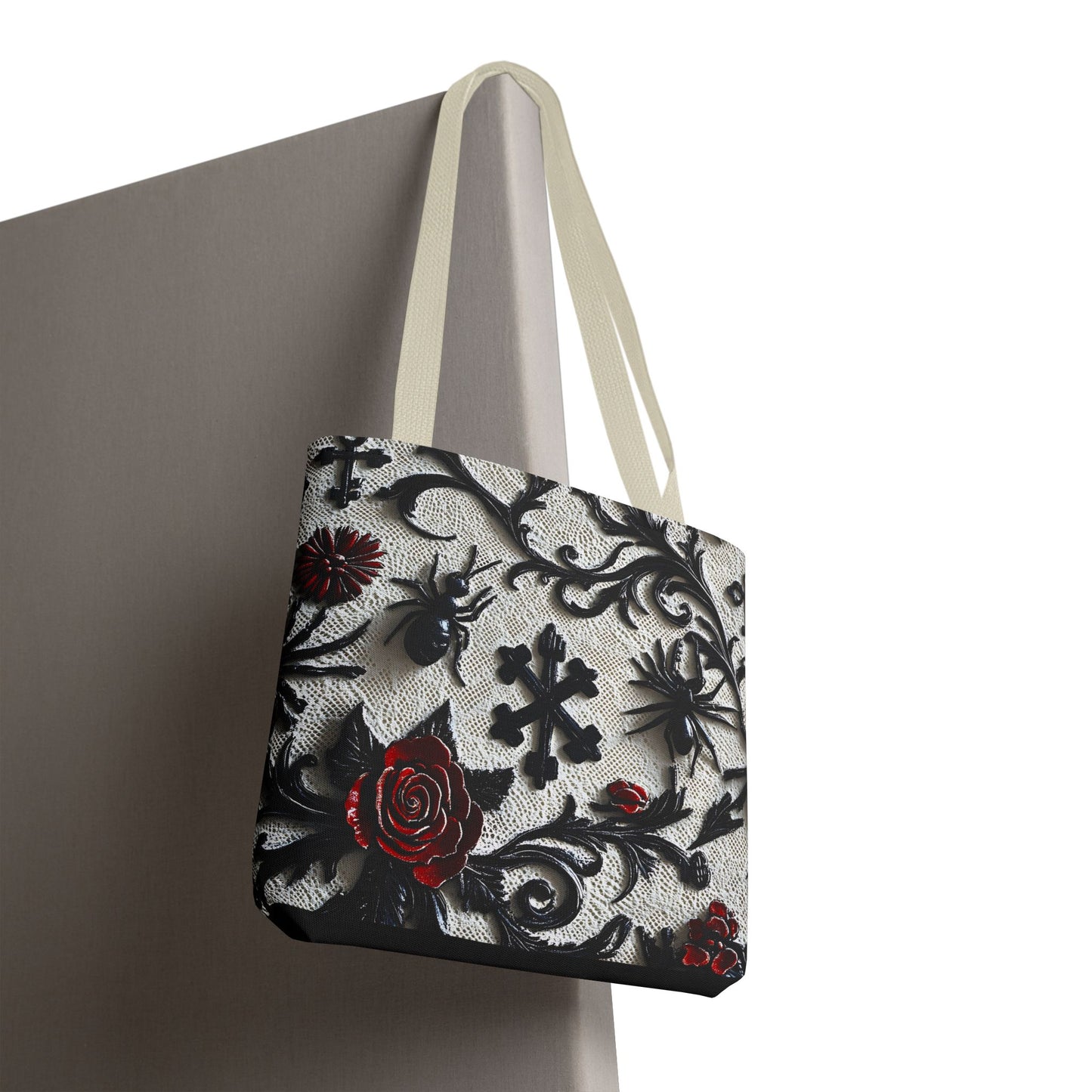 Gothic filigree tote bag with an ornate dark floral all-over print, featuring detailed floral and filigree designs on a black background.