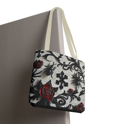 Gothic filigree tote bag with an ornate dark floral all-over print, featuring detailed floral and filigree designs on a black background.