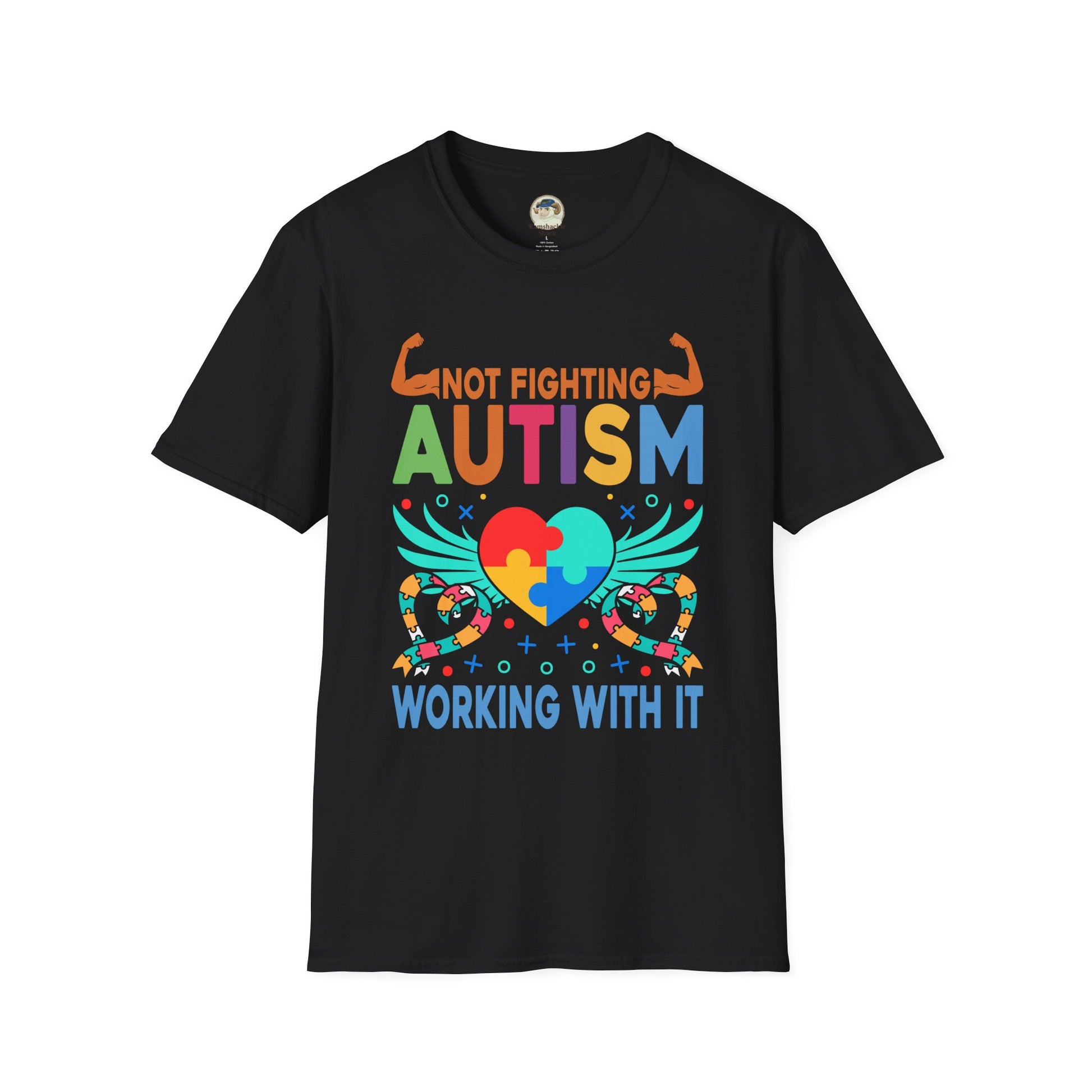 Autism Awareness T-Shirt — "Not Fighting Autism, Working With It" Puzzle Ribbon Tee - Ramshackle Shack