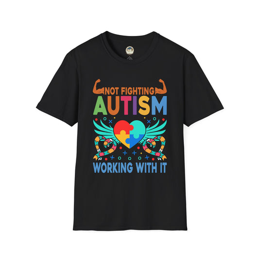 Autism Awareness T-Shirt — "Not Fighting Autism, Working With It" Puzzle Ribbon Tee - Ramshackle Shack