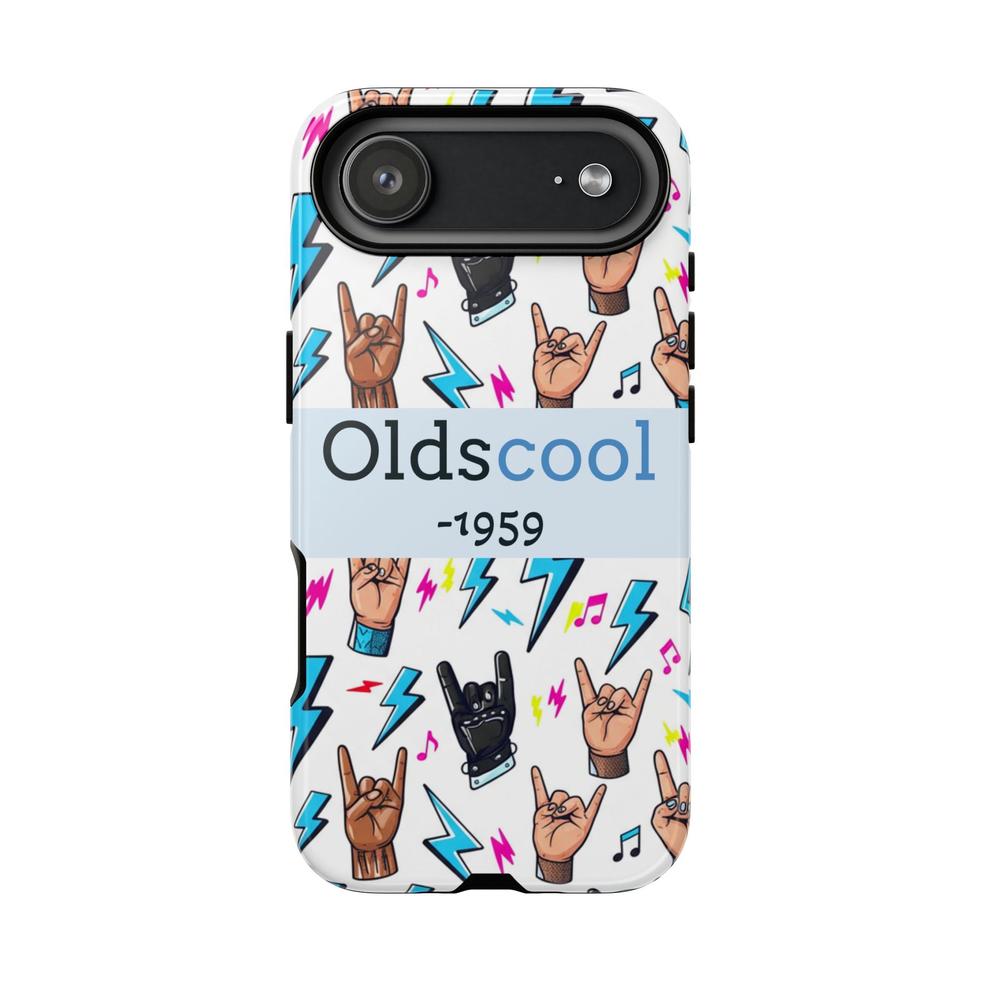 Retro Rock 'Oldscool 1959' Phone Case – Lightning & Rock Hand Pattern - Ramshackle Shack