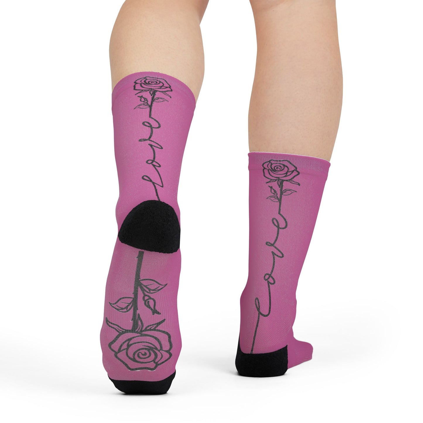 Love Rose crew socks with all-over climbing rose print, featuring a single-line floral design by Printify.
