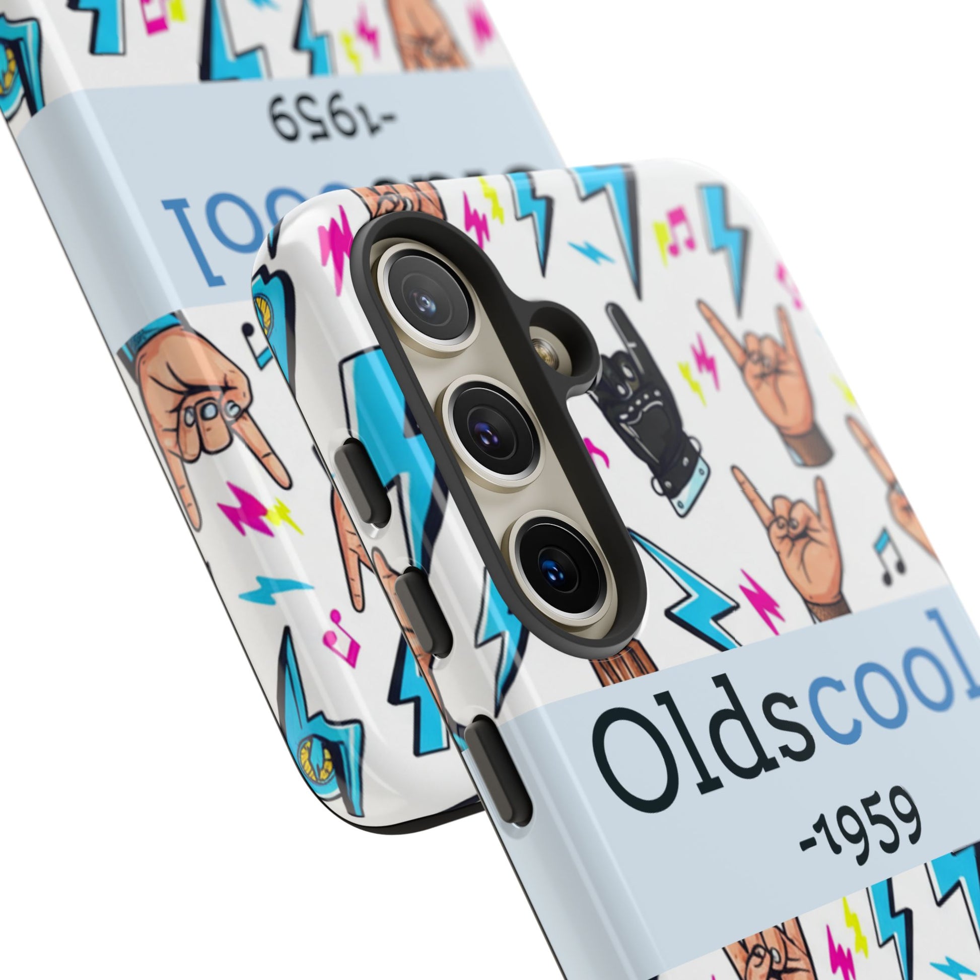 Retro Rock 'Oldscool 1959' Phone Case – Lightning & Rock Hand Pattern - Ramshackle Shack
