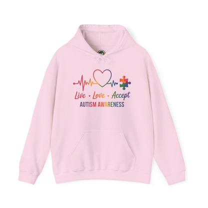 Autism Awareness Hoodie — "Live, Love, Accept" Heartbeat Puzzle-Rainbow - Ramshackle Shack