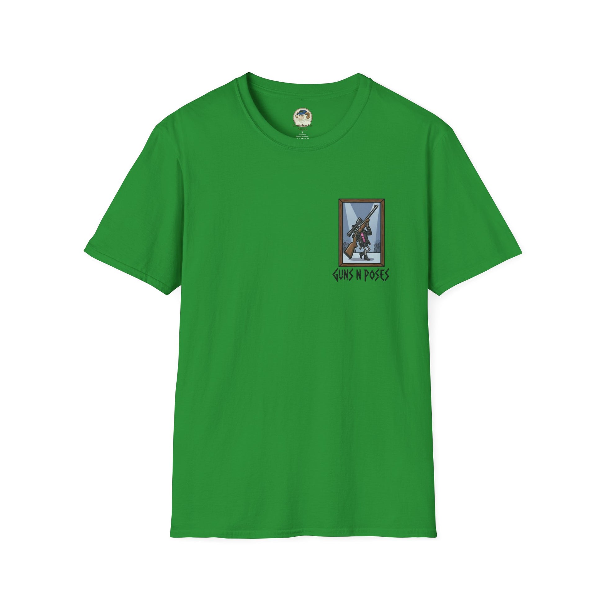 Black t-shirt featuring a graphic design of guns in various artistic poses, from the Printify "Guns in Poses" gallery collection.
