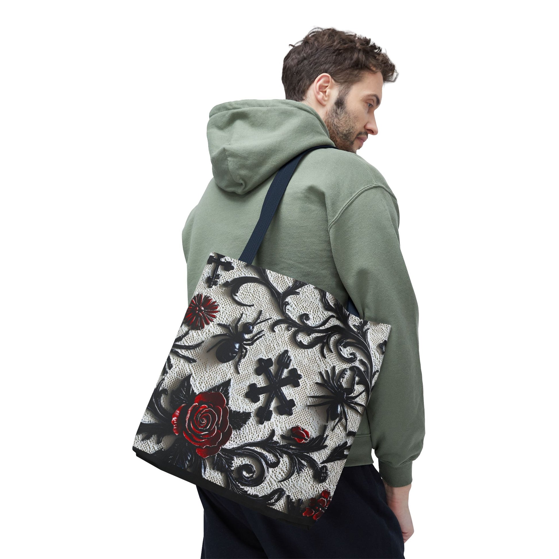 Gothic filigree tote bag with ornate dark floral all-over print, featuring intricate black floral patterns on a spacious bag.