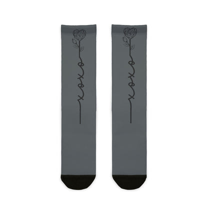 XOXO Rose Crew Socks with vibrant floral sublimated graphic print, all-over floral design on comfortable crew socks.