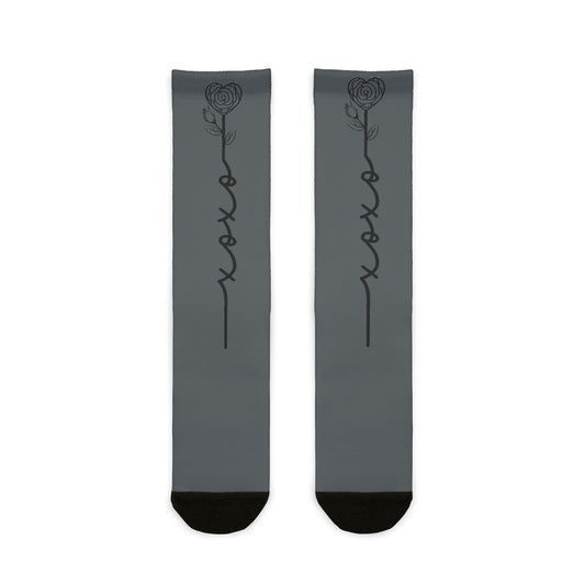 XOXO Rose Crew Socks with vibrant floral sublimated graphic print, all-over floral design on comfortable crew socks.
