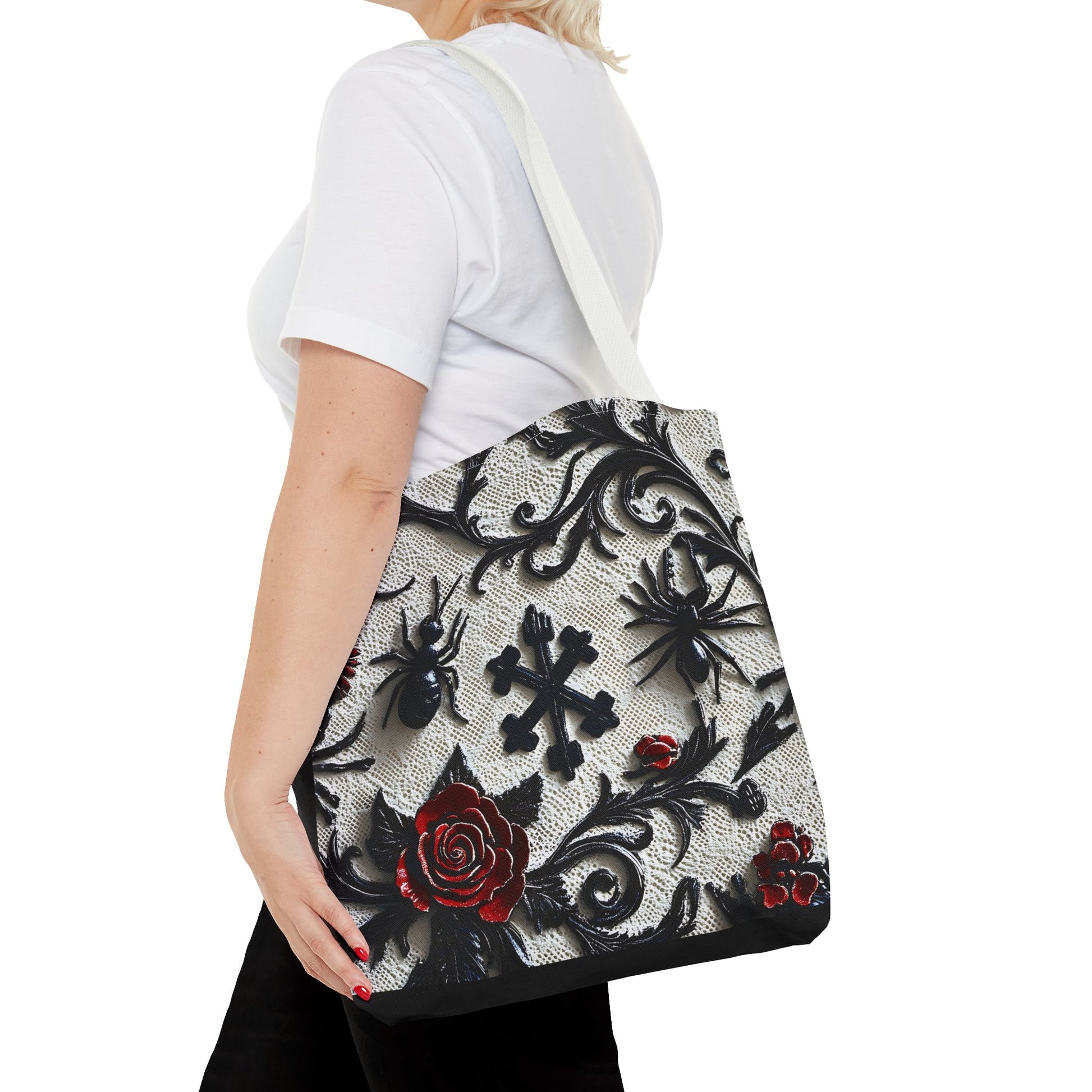 Gothic filigree tote bag with ornate dark floral all-over print, showcasing intricate design and spacious bag for everyday use.