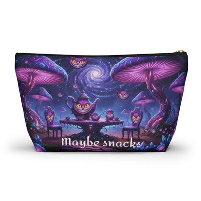 Cheshire Cat mushroom accessory pouch by Printify, featuring colorful mushroom and cat design, perfect for makeup or snacks.