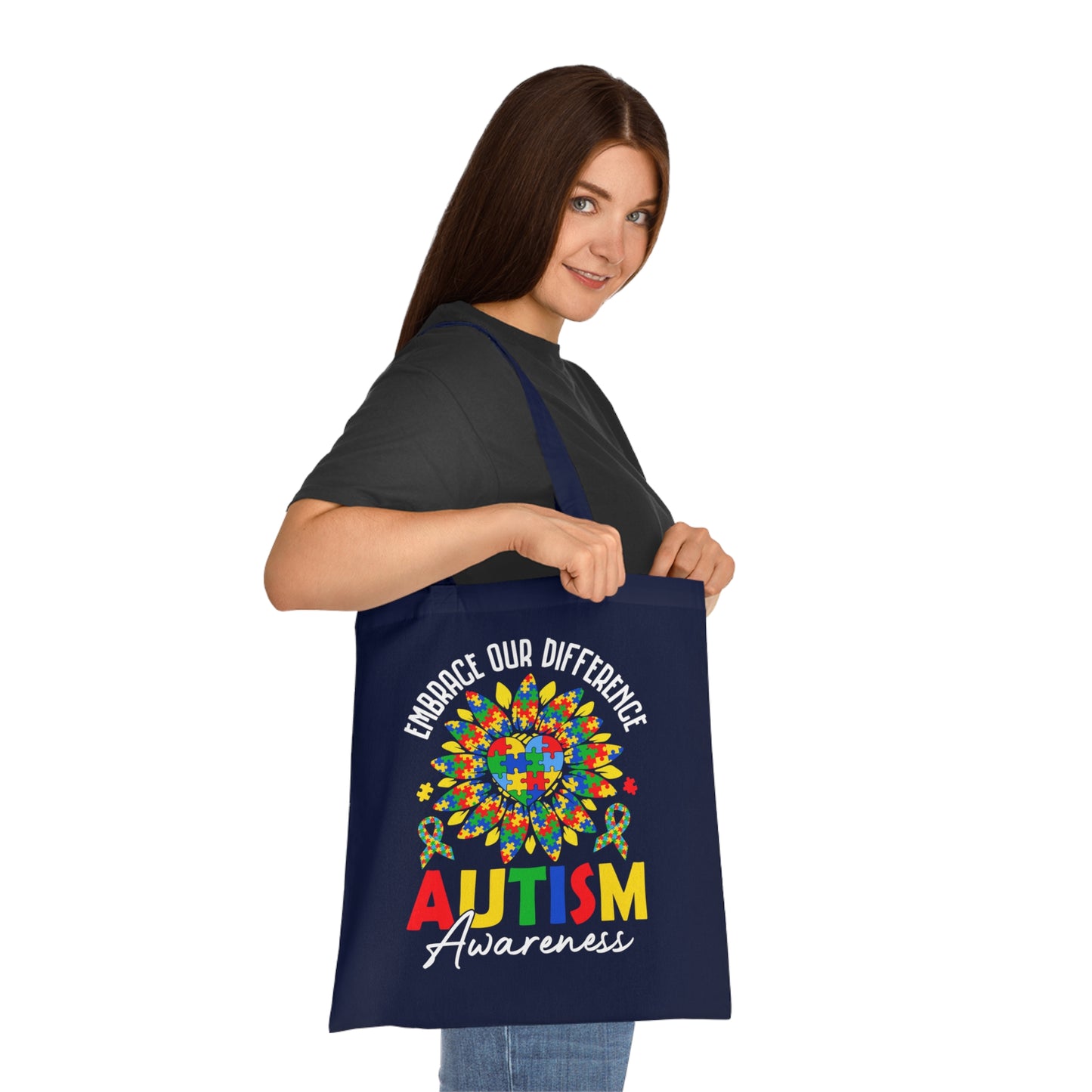 Autism Awareness Cotton Tote — "Embrace Our Difference" Puzzle Ribbon Design - Ramshackle Shack