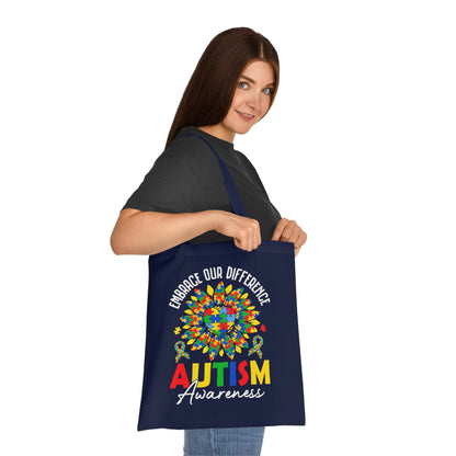 Autism Awareness Cotton Tote — "Embrace Our Difference" Puzzle Ribbon Design - Ramshackle Shack
