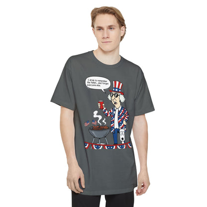 Sassy Max patriotic funny graphic T-shirt with "I Drink to Remember" slogan, tall beefy-T® style, featuring red, white, and blue design.