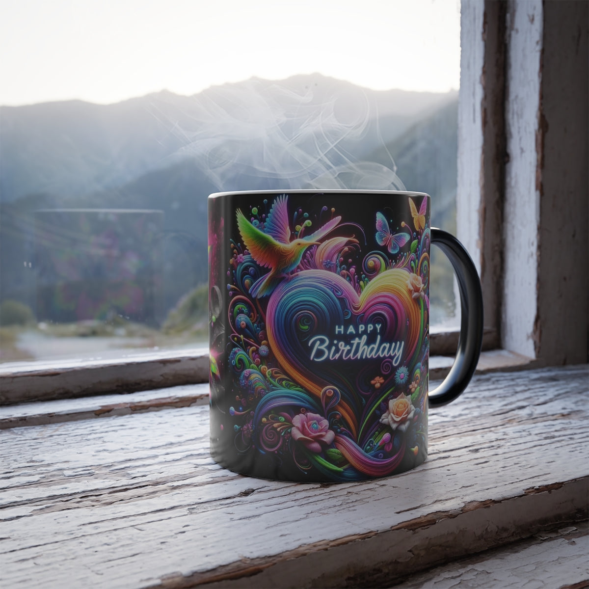Color Morphing Mug — Neon Floral Heart with Hummingbird & Butterfly, 'Happy Birthday' Heat‑Reveal (11oz) - Ramshackle Shack