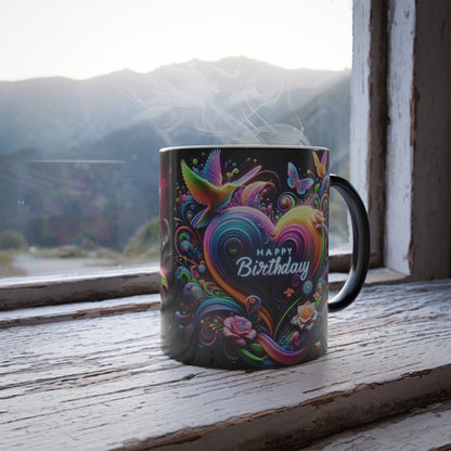 Color Morphing Mug — Neon Floral Heart with Hummingbird & Butterfly, 'Happy Birthday' Heat‑Reveal (11oz) - Ramshackle Shack