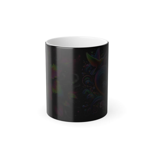 Color Morphing Mug — Neon Floral Heart with Hummingbird & Butterfly, 'Happy Birthday' Heat‑Reveal (11oz) - Ramshackle Shack