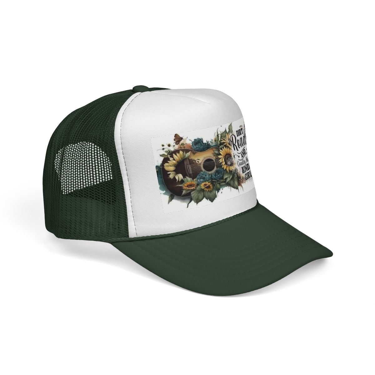 Trucker Cap — “Dirt Roads and Country Music Kinda Girl” Floral Guitar Design - Ramshackle Shack
