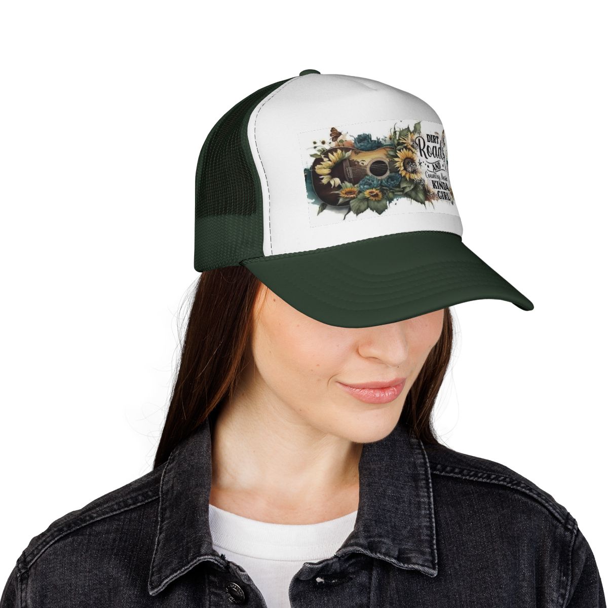Trucker Cap — “Dirt Roads and Country Music Kinda Girl” Floral Guitar Design - Ramshackle Shack