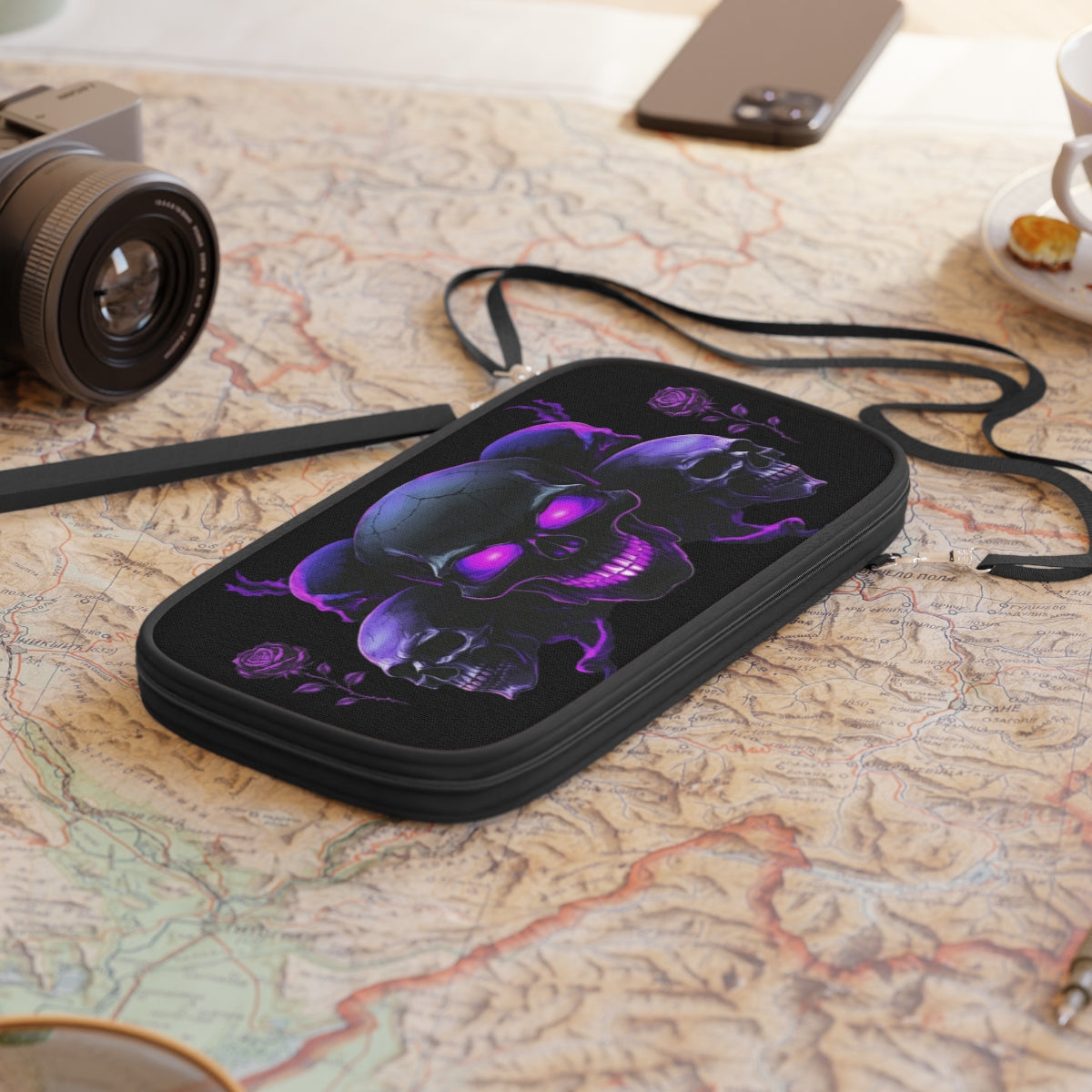 Neon Purple Skull Trio with Roses Passport Wallet - Ramshackle Shack