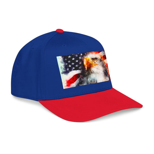 Red and blue American Eagle flag baseball cap by Printify, patriotic mid-profile hat with adjustable strap.