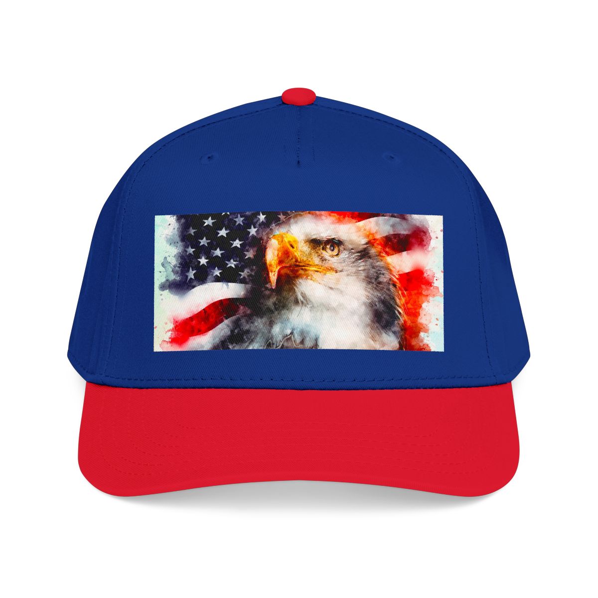 American Eagle Flag baseball cap by Printify, red and blue patriotic mid-profile hat with American flag design.