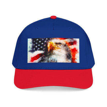 American Eagle Flag baseball cap by Printify, red and blue patriotic mid-profile hat with American flag design.