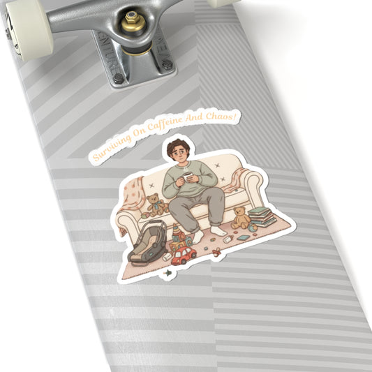 Surviving on Caffeine and Chaos Sticker | mom humor, parenting meme - Ramshackle Shack
