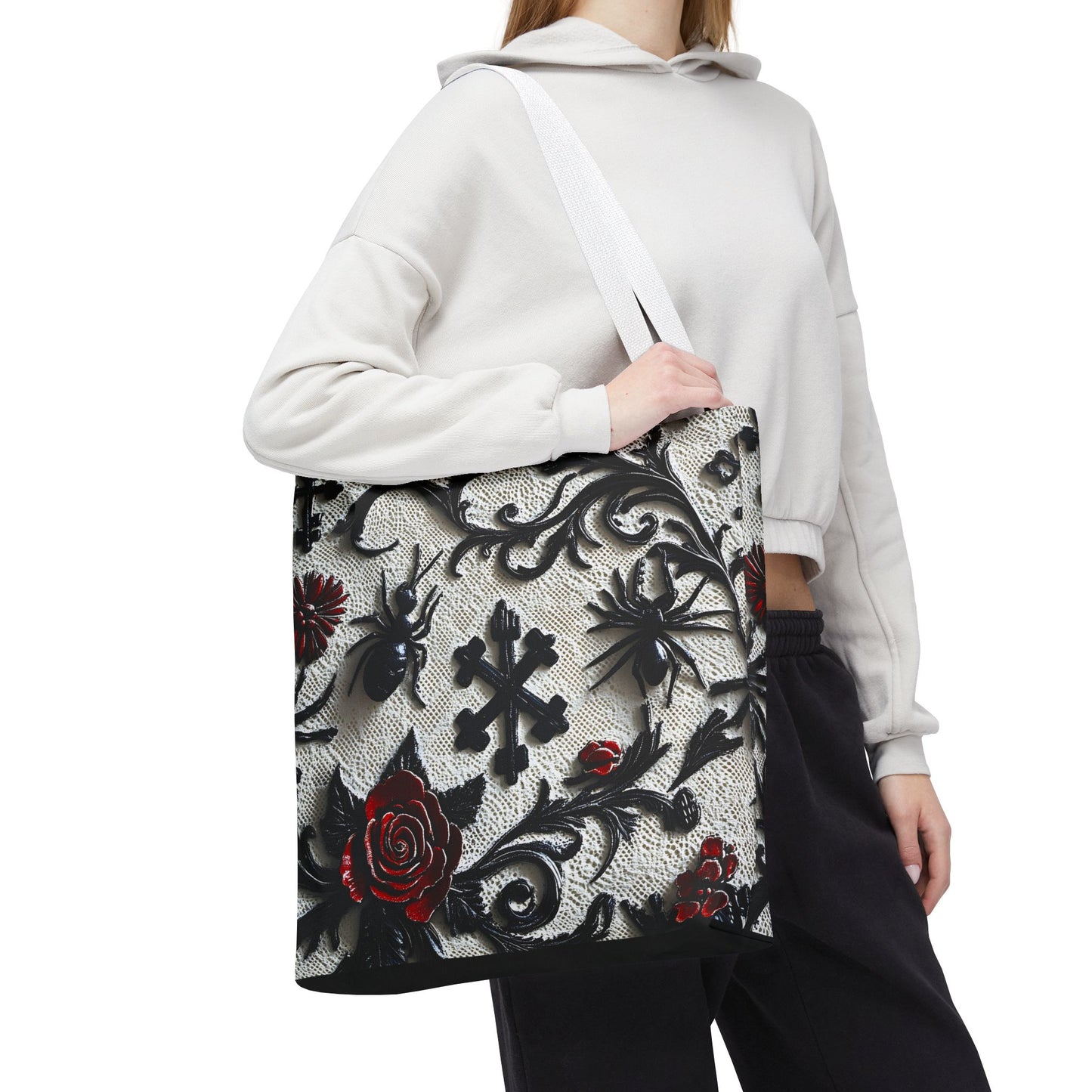 Gothic filigree tote bag with ornate dark floral all-over print, featuring intricate black floral designs on a sturdy bag.