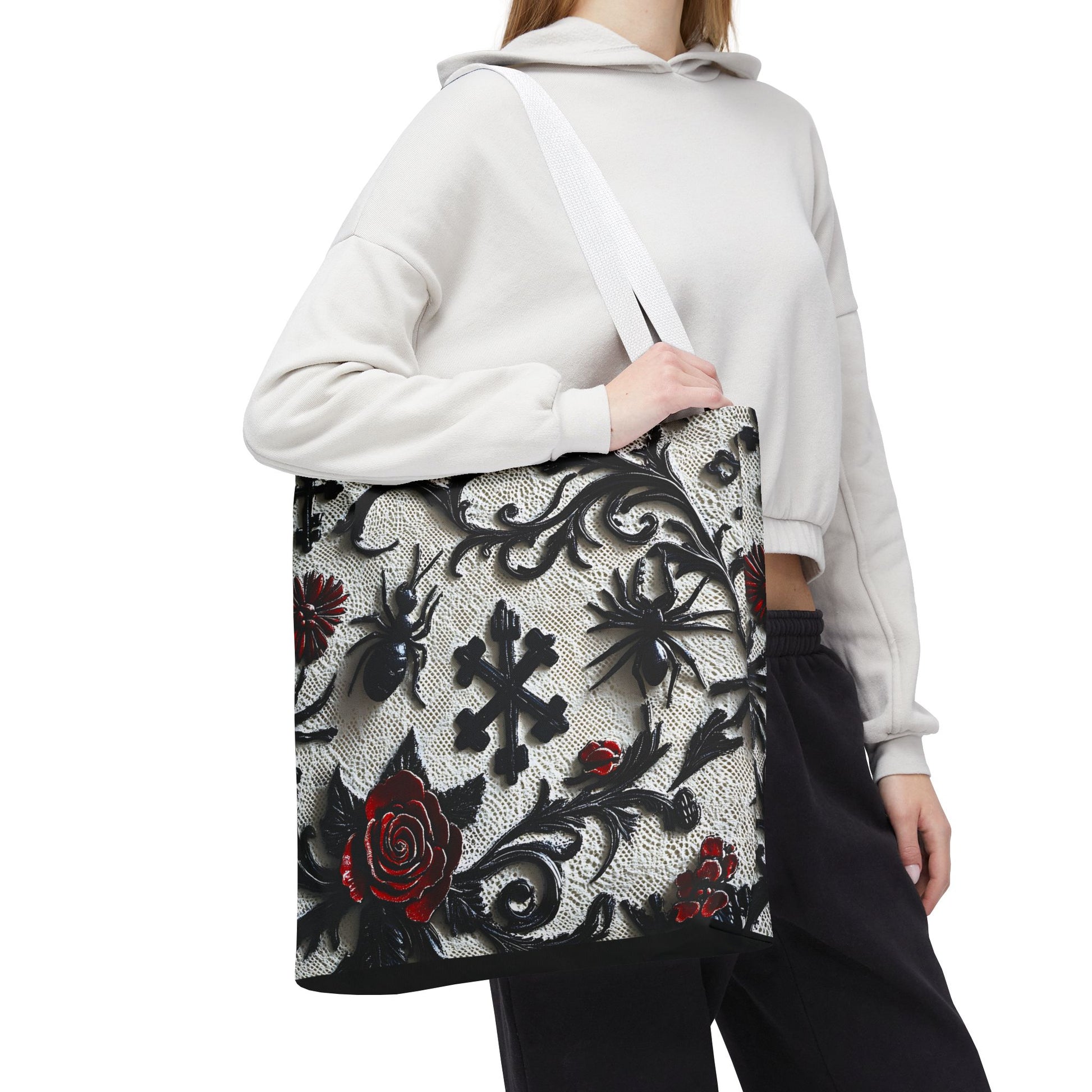 Gothic filigree tote bag with ornate dark floral all-over print, featuring intricate black floral designs on a sturdy bag.