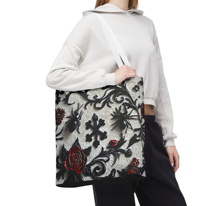 Gothic filigree tote bag with ornate dark floral all-over print, featuring intricate black floral designs on a sturdy bag.