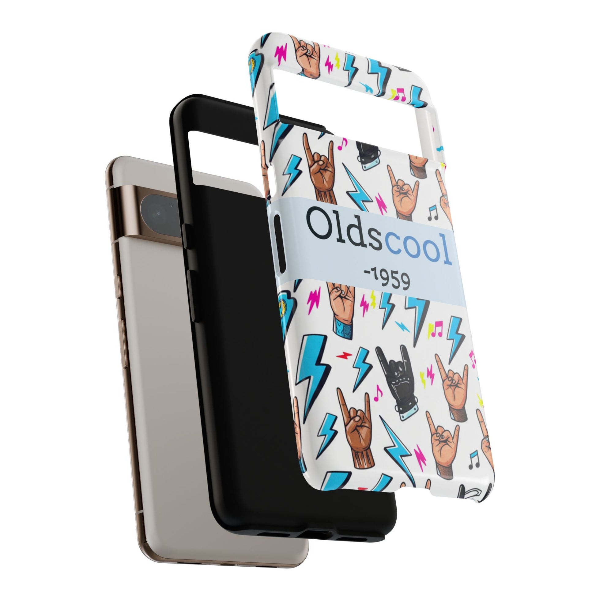 Retro Rock 'Oldscool 1959' Phone Case – Lightning & Rock Hand Pattern - Ramshackle Shack