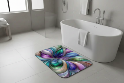 Iridescent petal design floral swirl bathroom 3-piece toilet seat and rug set, home decor by Printify featuring colorful flower patterns.