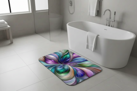 Iridescent petal design floral swirl bathroom 3-piece toilet seat and rug set, home decor by Printify featuring colorful flower patterns.