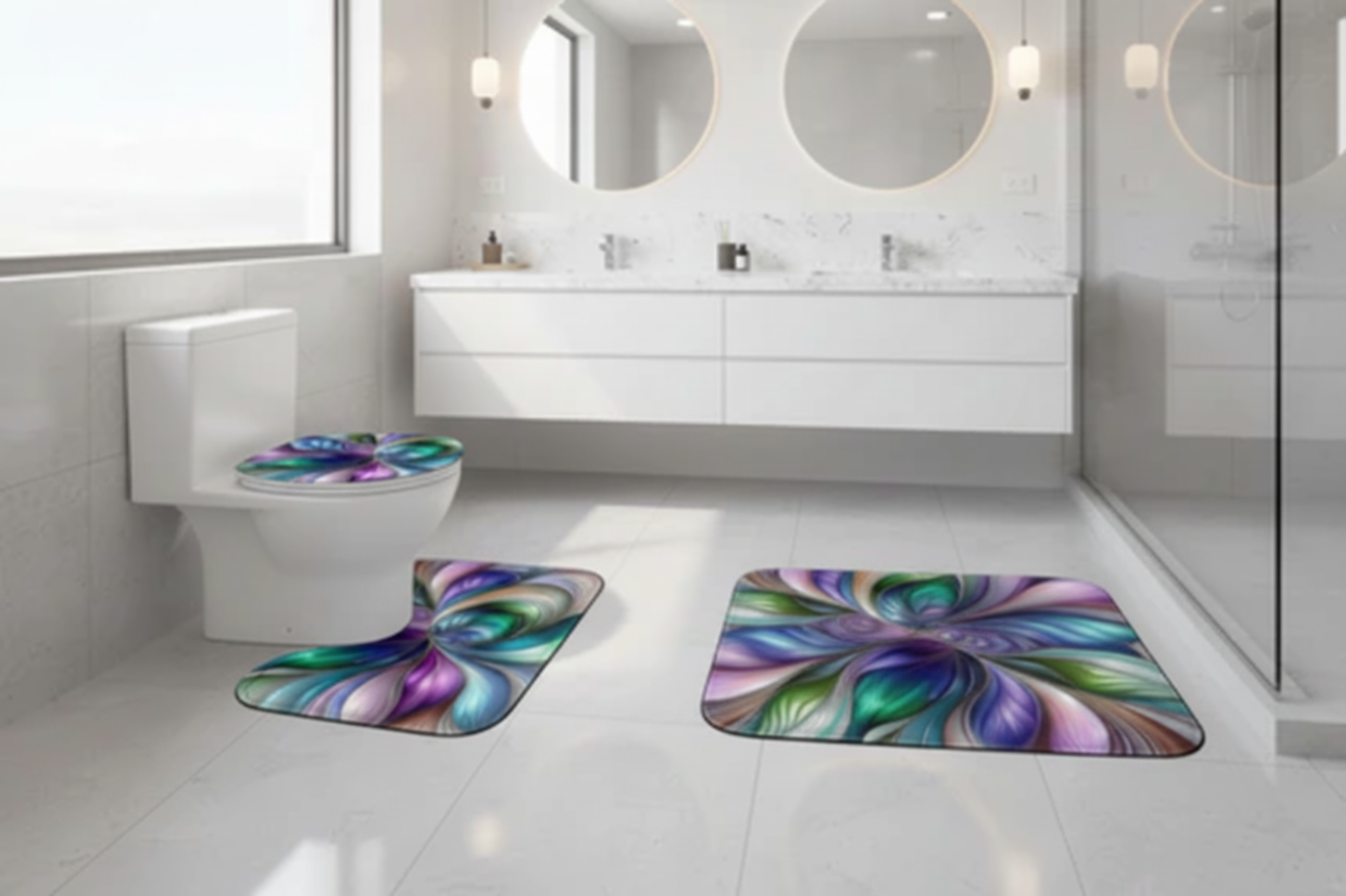 Iridescent petal floral swirl bathroom 3-piece toilet seat and rug set with colorful floral design, home decor by Printify