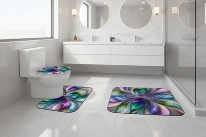 Iridescent petal floral swirl bathroom 3-piece toilet seat and rug set with colorful floral design, home decor by Printify