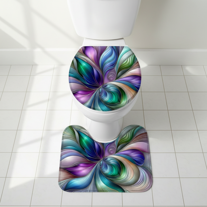 Iridescent floral swirl bathroom 3-piece toilet seat and rug set with petal design, home decor by Printify