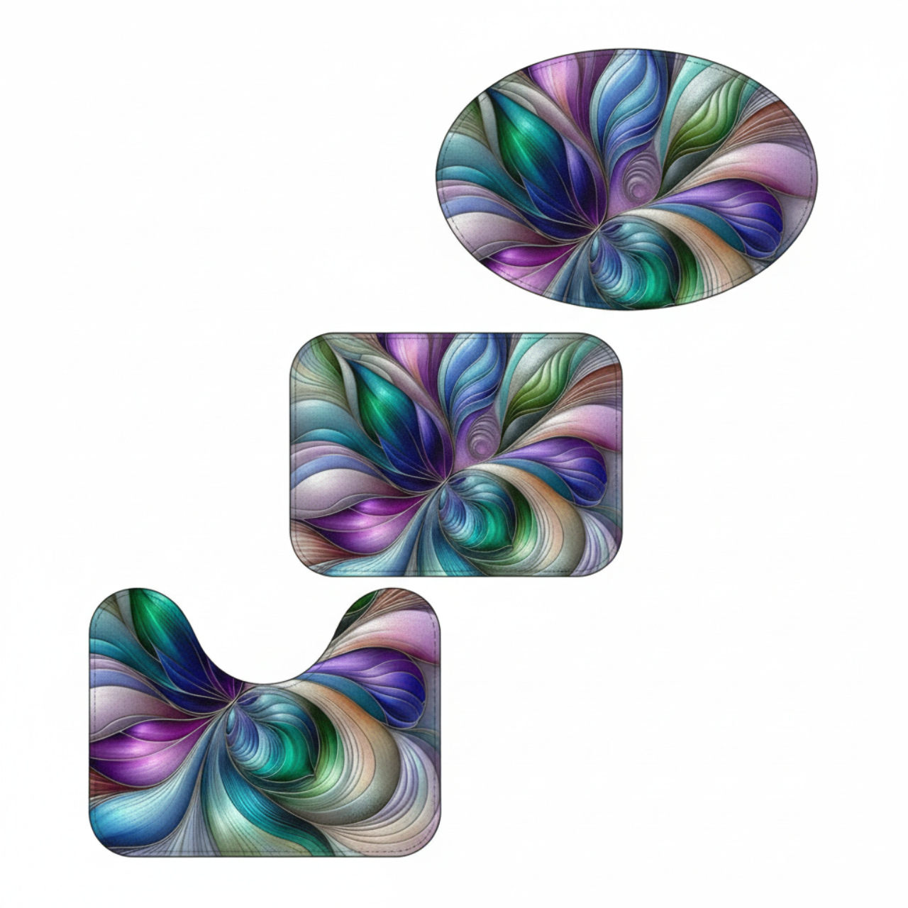 Floral swirl bathroom 3-piece toilet seat and rug set with iridescent petal design, featuring colorful floral patterns for home decor.