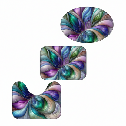 Floral swirl bathroom 3-piece toilet seat and rug set with iridescent petal design, featuring colorful floral patterns for home decor.