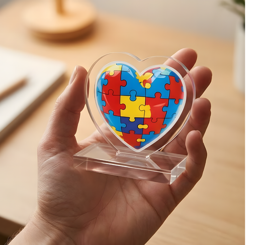 Autism puzzle heart-shaped standee with colorful custom puzzle pattern, decorative home decor piece by Printify