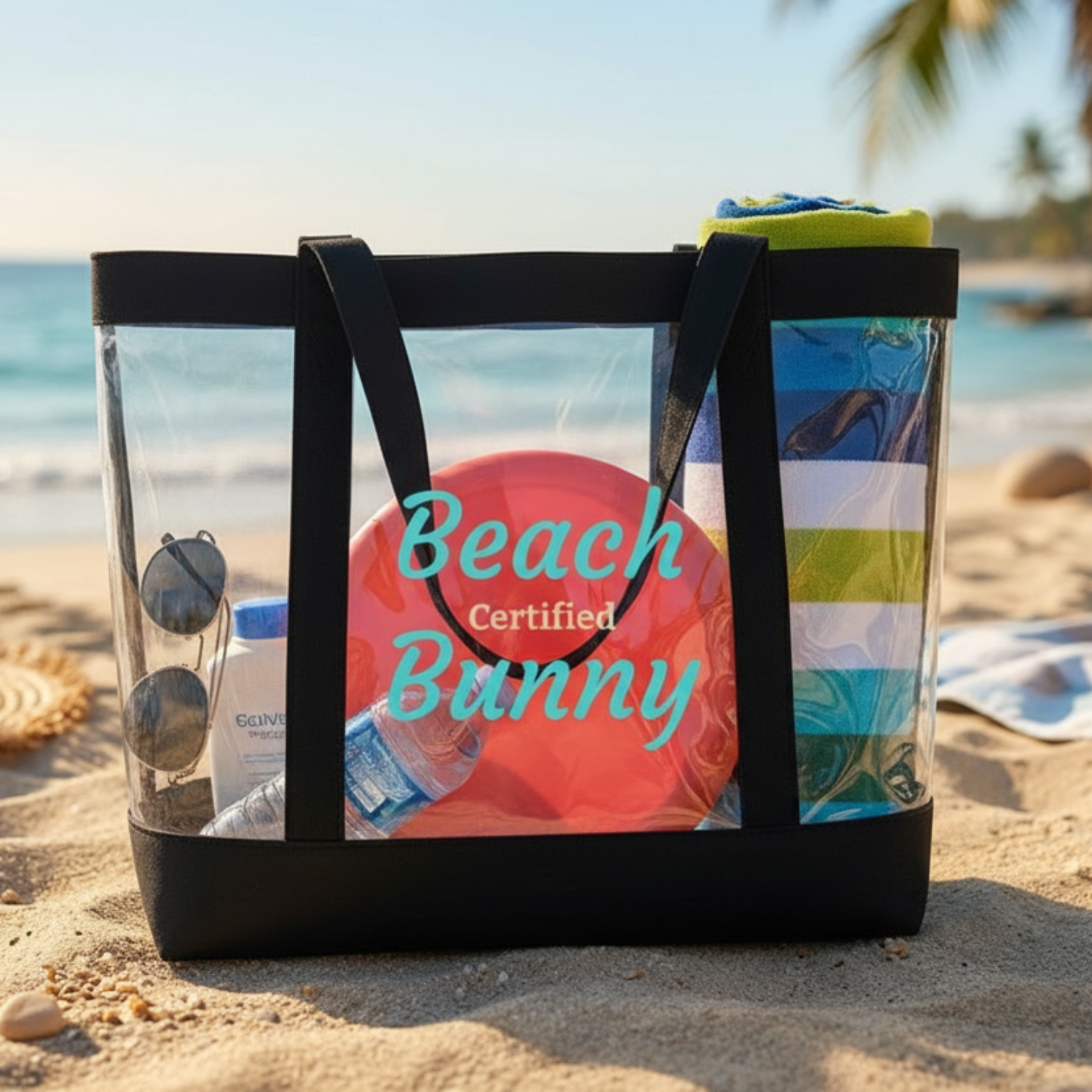 Clear stadium tote bag with beach bunny and sandcastle design, perfect for summer beach outings and casual events.