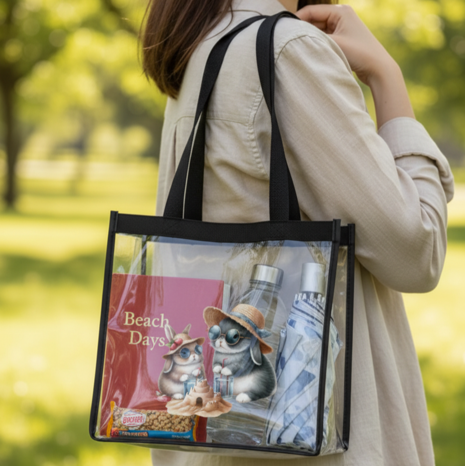 Clear stadium tote bag with playful bunny and sandcastle print, perfect for beach and summer outings, by Beach Bunny.